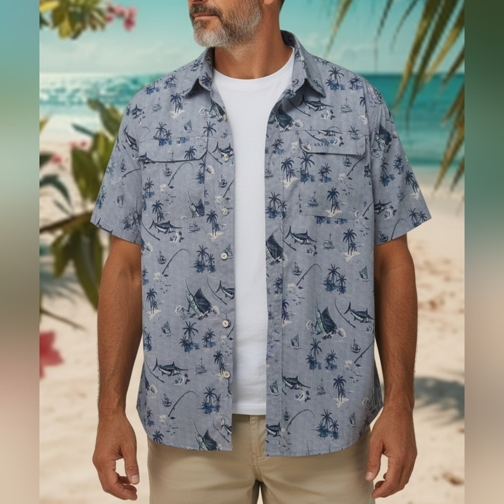 IZOD SaltWater - Blue Button Down, Short Sleeve Shirt, Fishing Theme Print, XXL - Picture 4 of 7